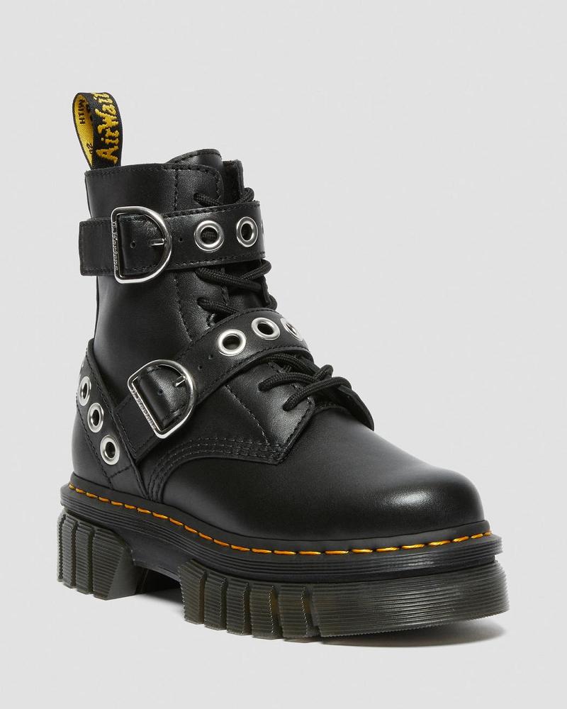 Black Women\'s Dr Martens Audrick Hardware Leather Platform Boots | CA 233FDN